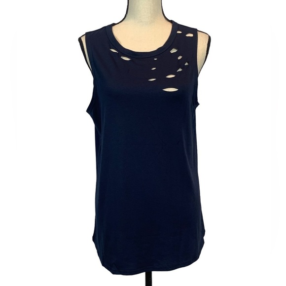 Jeanewpole1 Ripped Casual Tank Top Sleeveless Crew Neck Loose Summer - Navy Blue - Picture 1 of 7